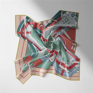 Macro detail of silk scarf featuring equestrian belt motifs and vibrant stripe patterns