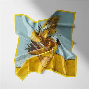 Macro detail of Vincent Van Gogh Sunflowers painting print on blue silk scarf fabric