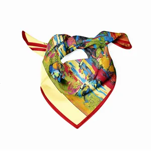 Foulard en soie style Van Gogh avec motif maison rouge et bordure rouge artistique