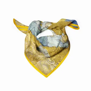 Silk scarf featuring Van Gogh Wheat Field Nap painting design with ginger yellow border