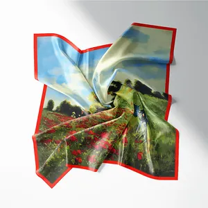 Detailed view of the 53cm oil painting silk scarf featuring vibrant red poppy flower field