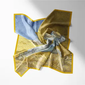 Detailed close-up of Van Gogh oil painting silk scarf with Noon Rest theme print