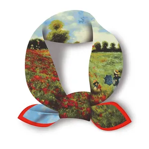 Monet Red Poppies oil painting print square silk scarf with red stitched edges