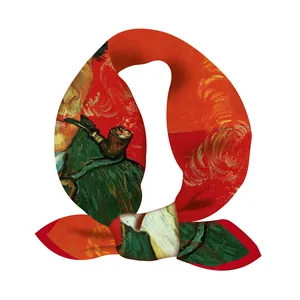 Van Gogh self-portrait silk square scarf with vibrant orange and red edge stitching
