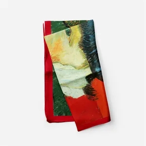 Detail of artistic Van Gogh portrait silk scarf with premium red hand-rolled edges