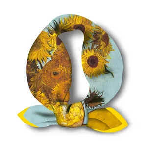 Van Gogh Sunflower silk scarf for women featuring artistic yellow floral oil painting design