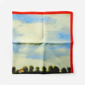 Detailed close-up of 53cm silk scarf featuring oil painting landscape and red borders