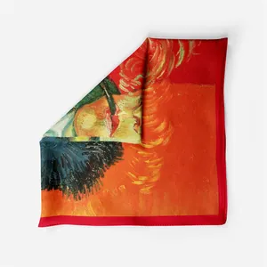 Van Gogh self-portrait print silk scarf with artistic orange pattern and red edges
