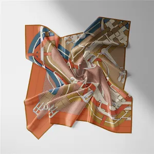 Detailed view of the silk scarf featuring intricate equestrian patterns and hand-rolled edges