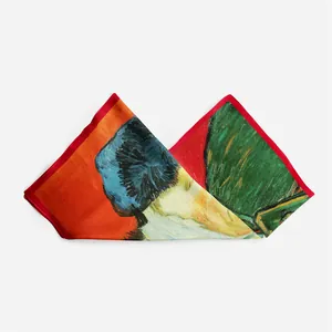 Macro detail of Van Gogh self-portrait silk scarf with hand-rolled red edges