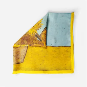 Close-up of Van Gogh Sunflower oil painting print on silk square scarf texture