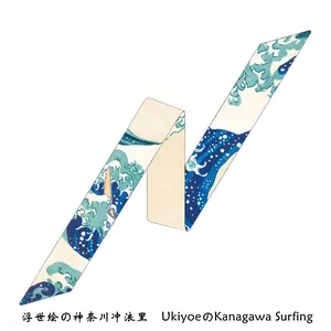 Ukiyo-e Great Wave off Kanagawa print long silk scarf twilly on white background