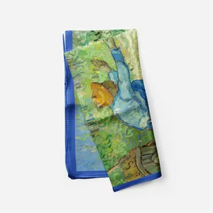 Detail van zijden sjaal in Van Gogh-stijl met blauwe rand en olieverfschilderij