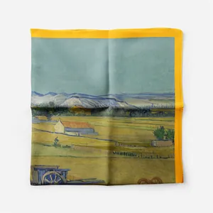 Detailopname van Van Gogh olieverfschilderij zijden sjaal met gele rolzoomtextuur