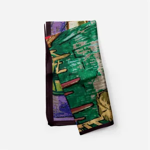 Detailed close-up of Van Gogh inspired oil painting print silk scarf with purple border