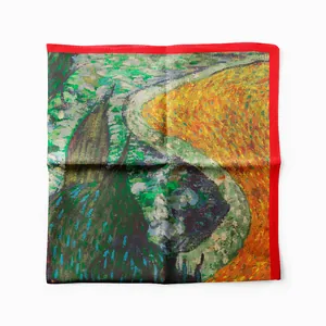 Dettaglio di sciarpa in seta pittura Van Gogh con bordi arrotolati rossi e stampe