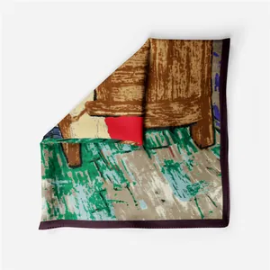 Detailed close-up of Van Gogh oil painting print on silk scarf with purple hand-rolled edges