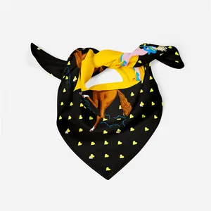 Vintage equestrian silk scarf with horse and heart patterns in black and yellow
