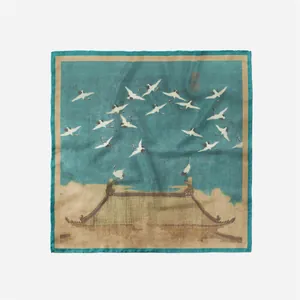 Zijden vierkante sjaal in Chinese stijl met kraanvogels en paleisprint in meerblauw