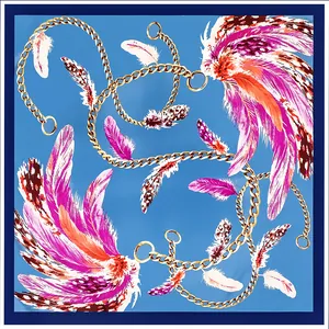 90cm sky blue silk scarf with golden chain and vibrant feather print on a blue border