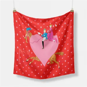 Detail of red square silk scarf with romantic horse tea time illustration and pink hearts