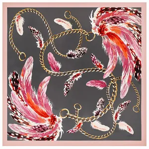 Silk feel square scarf with elegant gold chain and colorful feather print pattern