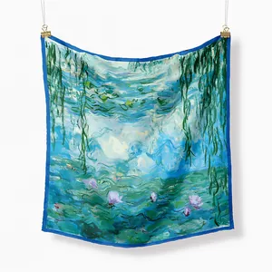 Monet Water Lilies printed silk square scarf with willow elements and navy blue border