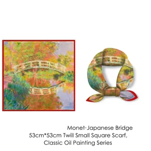 French Monet Japanese Bridge oil painting 53cm twill silk square scarf with red border