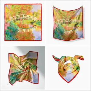 French Monet Japanese Bridge square silk scarf with red border and oil painting pattern