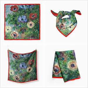 53cm Monet style floral twill silk square scarf displayed in four styling orientations