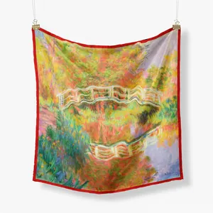 53cm Monet Japanese Bridge art print silk square scarf with contrasting red hem