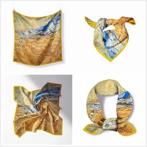 53cm Van Gogh Wheatfield Harvest silk scarf for women with elegant twill artistic print
