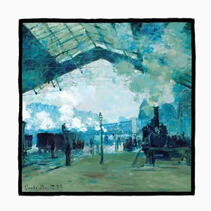 Carré en Satin Serge Série Peinture à l'huile Monet Imprimé Gare Saint-Lazare Foulard Femme Mode Bandana Décoratif