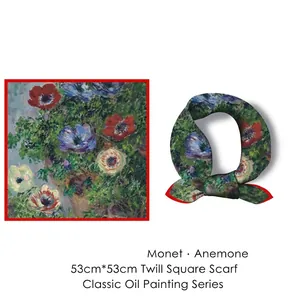 Monet Anemone oil painting print twill silk square scarf for women 53x53cm