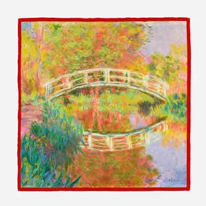 53cm silk scarf with Monet Japanese Bridge oil painting print and bright red border