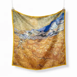 53cm Van Gogh Wheatfield with Reaper silk scarf with vibrant yellow rolled edges
