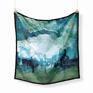 Carré de soie 53cm style peinture de Monet représentant la Gare Saint-Lazare
