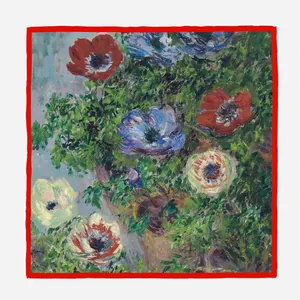Monet style floral silk scarf featuring oil painting anemones with bold red borders