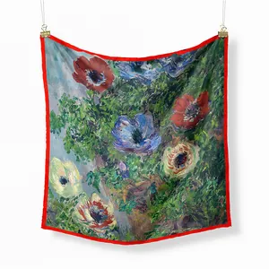Monet oil painting style silk scarf with vibrant floral patterns and red rolled edges