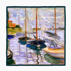 Foulard en soie 53cm série Monet avec voiliers sur la Seine et bordure bleue