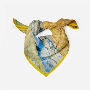 53cm Van Gogh style wheat field oil painting silk scarf with yellow hem and smooth finish