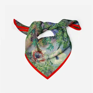Monet style oil painting silk scarf with green garden floral pattern and red border