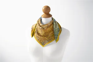 Detail of Van Gogh wheat field oil painting print on square silk neckerchief for women