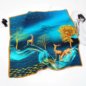 Carré de Soie Satin Style Coréen Imprimé Cerf Doré Paysage Écharpe Aspect Soie pour Femmes Décoration de Bureau