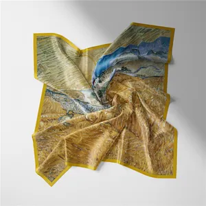 Detailed texture of Van Gogh style oil painting silk scarf with yellow border and soft folds