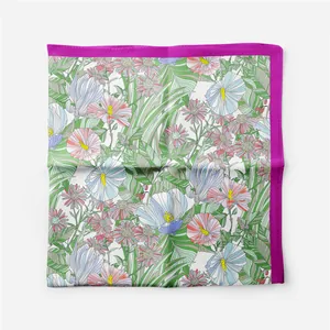 Detailed close-up of French floral square scarf with magenta border and botanical pattern