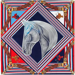 European vintage silk scarf with geometric stripes and horse head pattern 130cm
