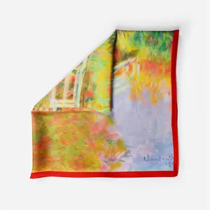 Detail of 53cm silk scarf featuring Claude Monet's Japanese Bridge with red edges