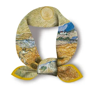 Detailed close-up of Van Gogh's Wheatfield print on a vibrant silk twill small square scarf