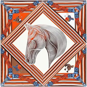 Retro geometric equestrian scarf with horse head print and classic orange borders